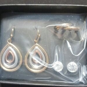 Avon Gold, Silver, Rose Teardrop Hoop & Clear Stud Earring Set